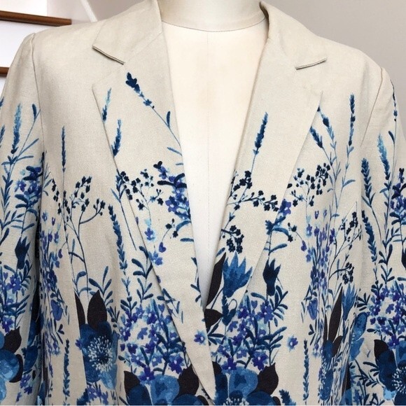 Norm Thompson Blazer Womens Large Blue Linen Floral Watercolor Blend One Button - Picture 7 of 15